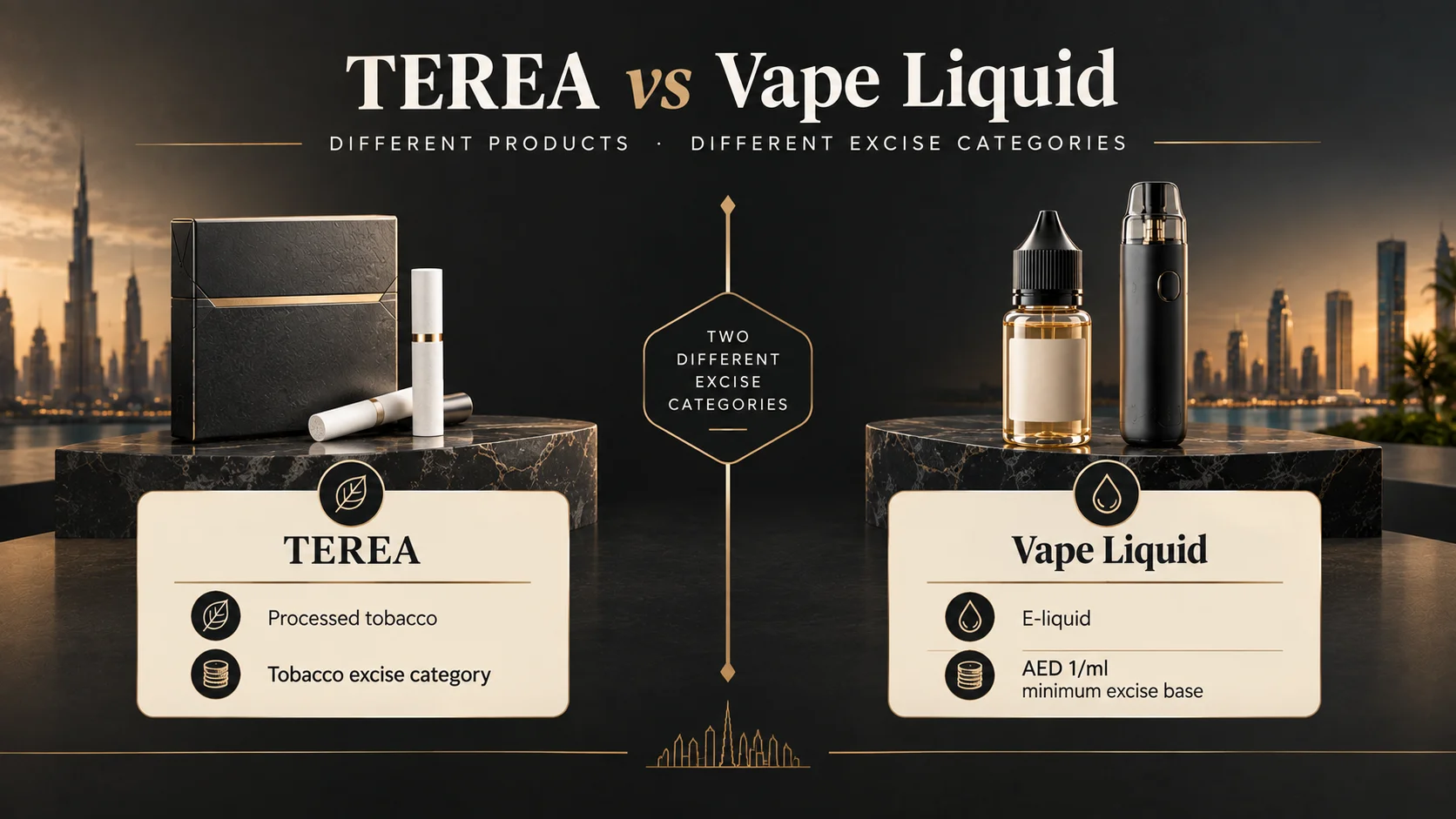Side-by-side comparison of TEREA heated tobacco and vape liquid excise categories in the UAE