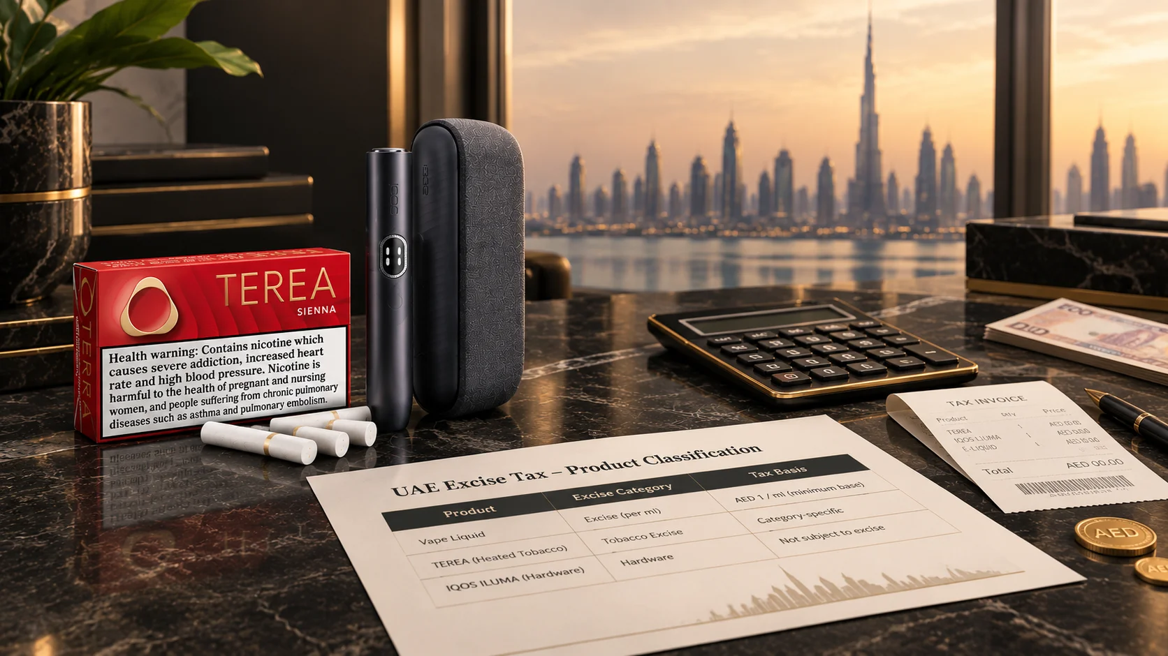 TEREA and IQOS ILUMA with tax documents and AED pricing analysis in Dubai