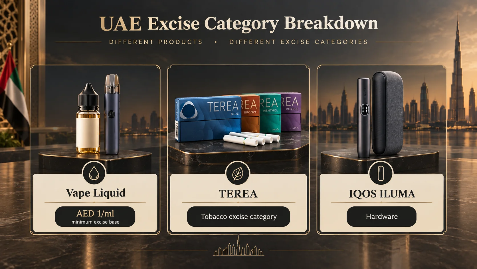 UAE excise category breakdown showing vape liquid, TEREA tobacco sticks, and IQOS ILUMA hardware