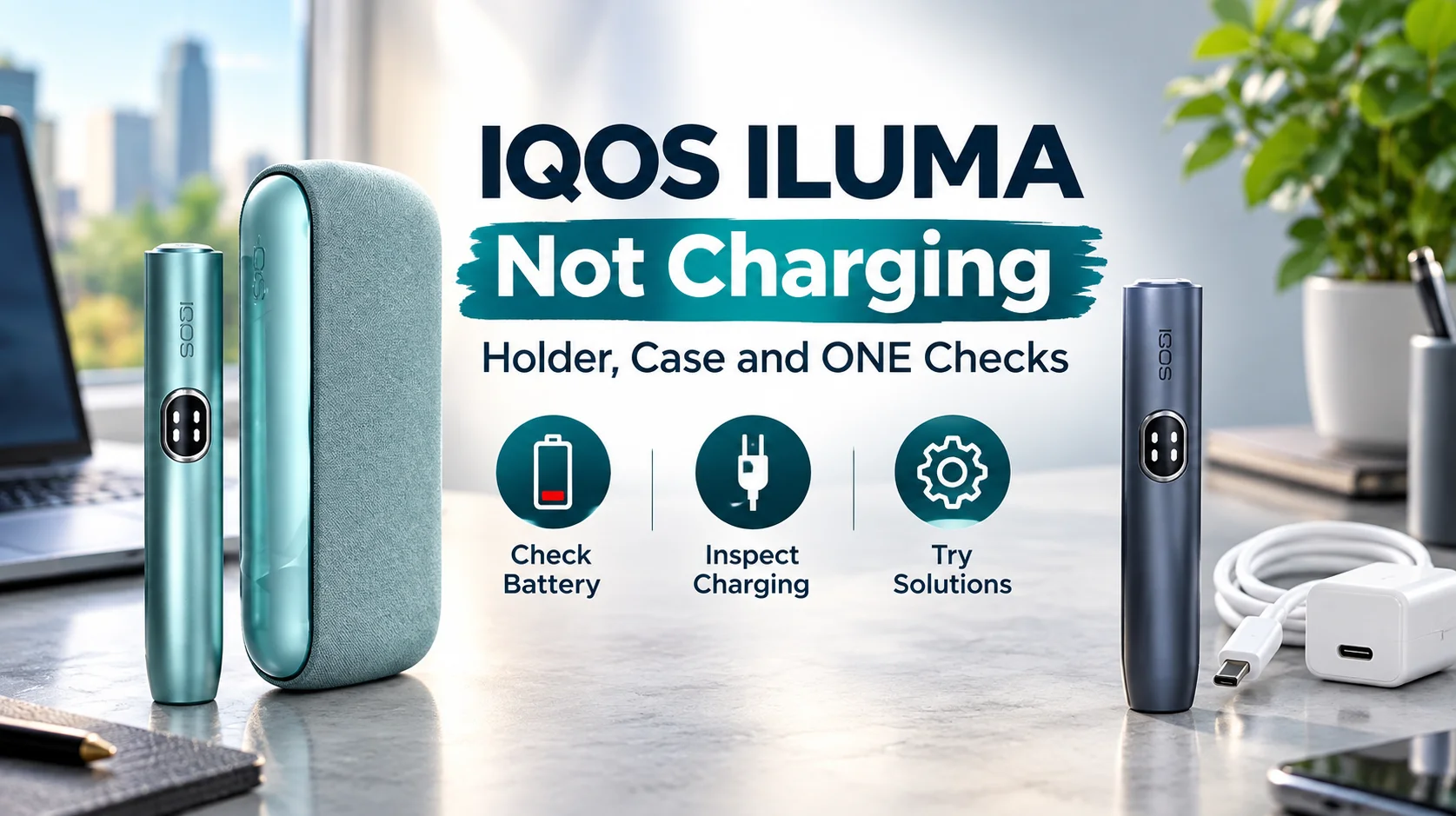 IQOS ILUMA not charging guide showing the holder, charging case and ONE device with battery, cable and troubleshooting checks