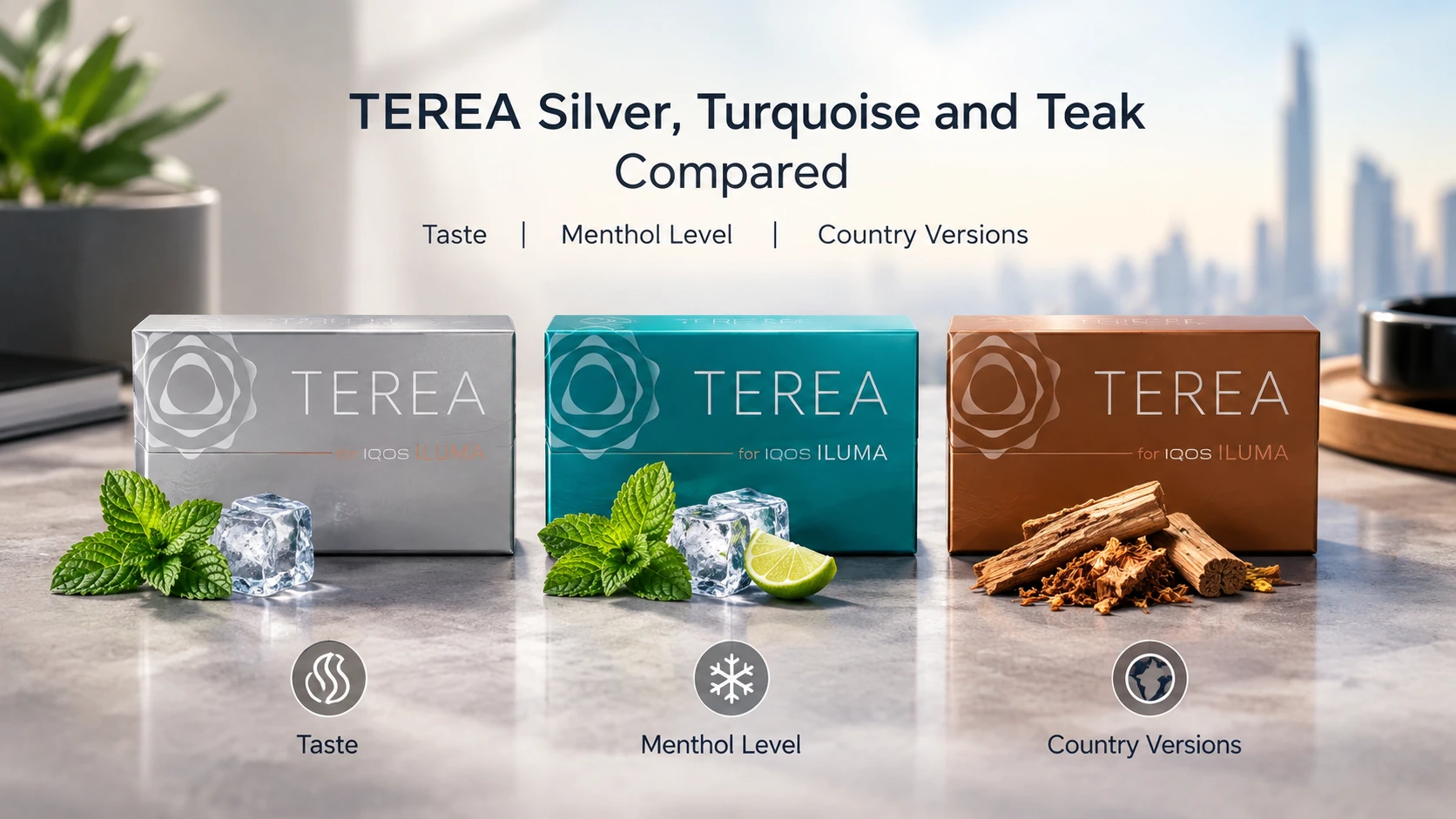 TEREA Silver, Turquoise, and Teak packs compared in a realistic 169 featured image, highlighting taste, menthol level, and country versions.