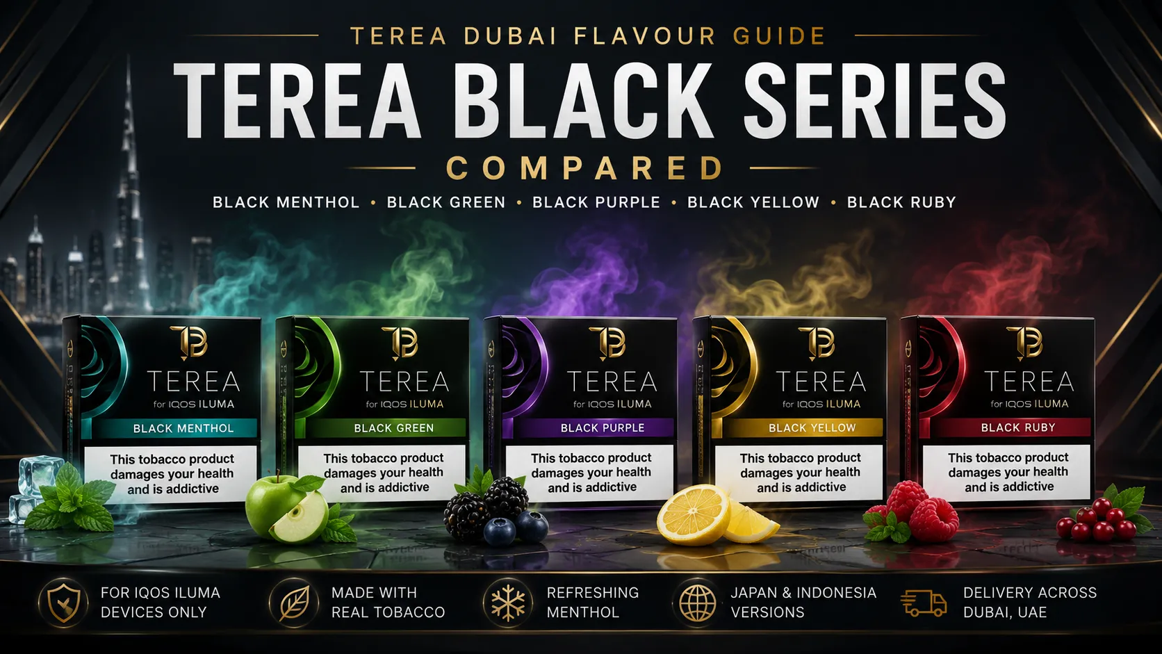 TEREA Black flavors including Menthol, Green, Purple, Yellow and Ruby for IQOS ILUMA