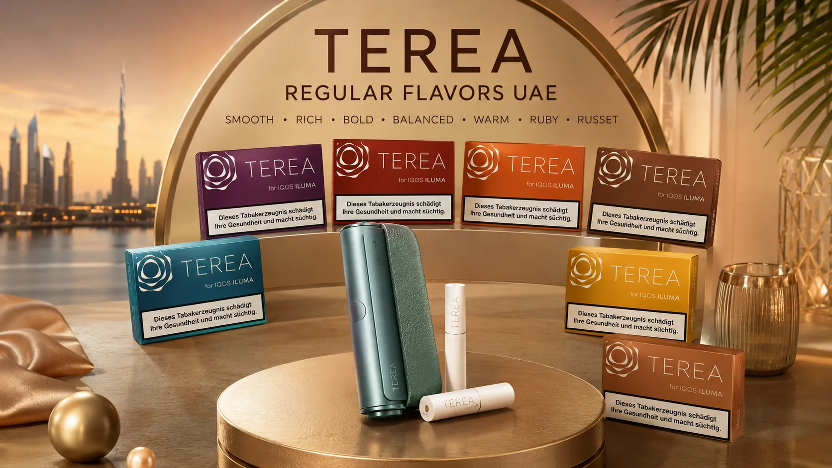 TEREA Regular flavors for IQOS ILUMA compared — Smooth, Rich, Bold, Balanced, Warm, Ruby and Russet packs displayed in UAE